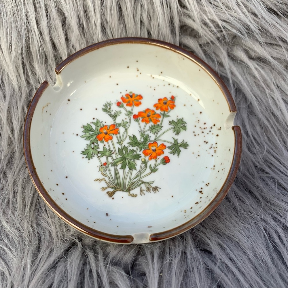 Vintage Mid Century Porcelain 4” Hand painted Orange Floral Ashtray